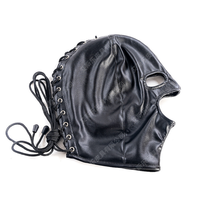 艾斯乐情趣黑色软pu系带露眼露嘴头套面具皮革全包面罩惩罚束缚品