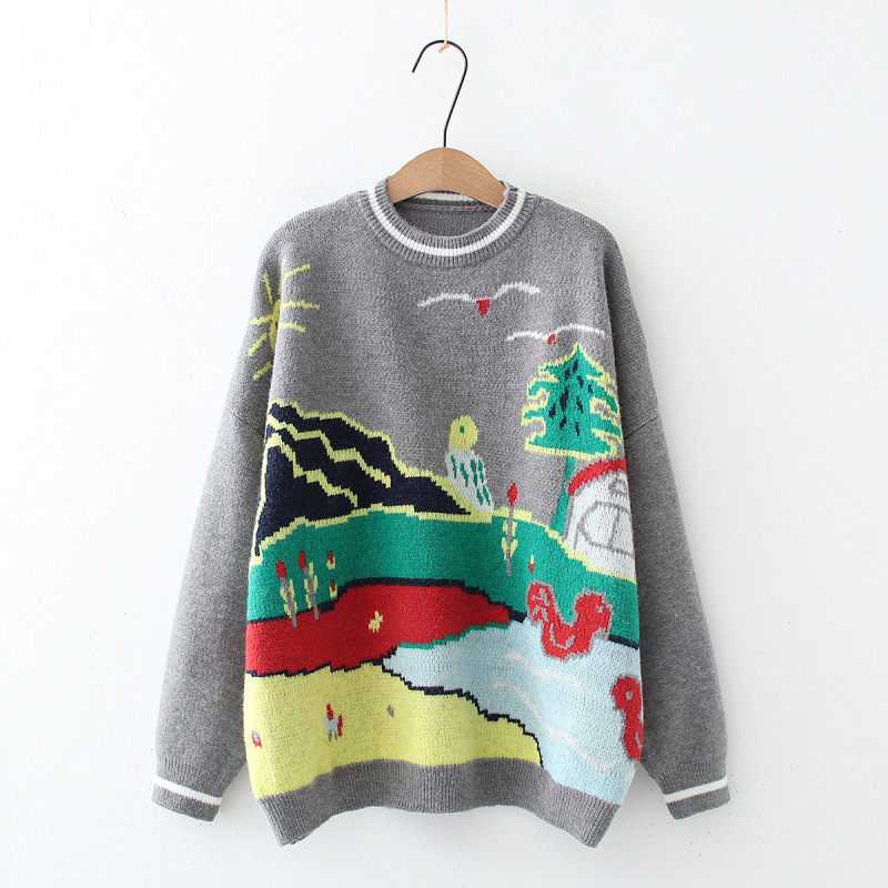 0成交42件日系森女秋装可爱小鸟提花v领开衫毛衣外套 少女针织衫上衣