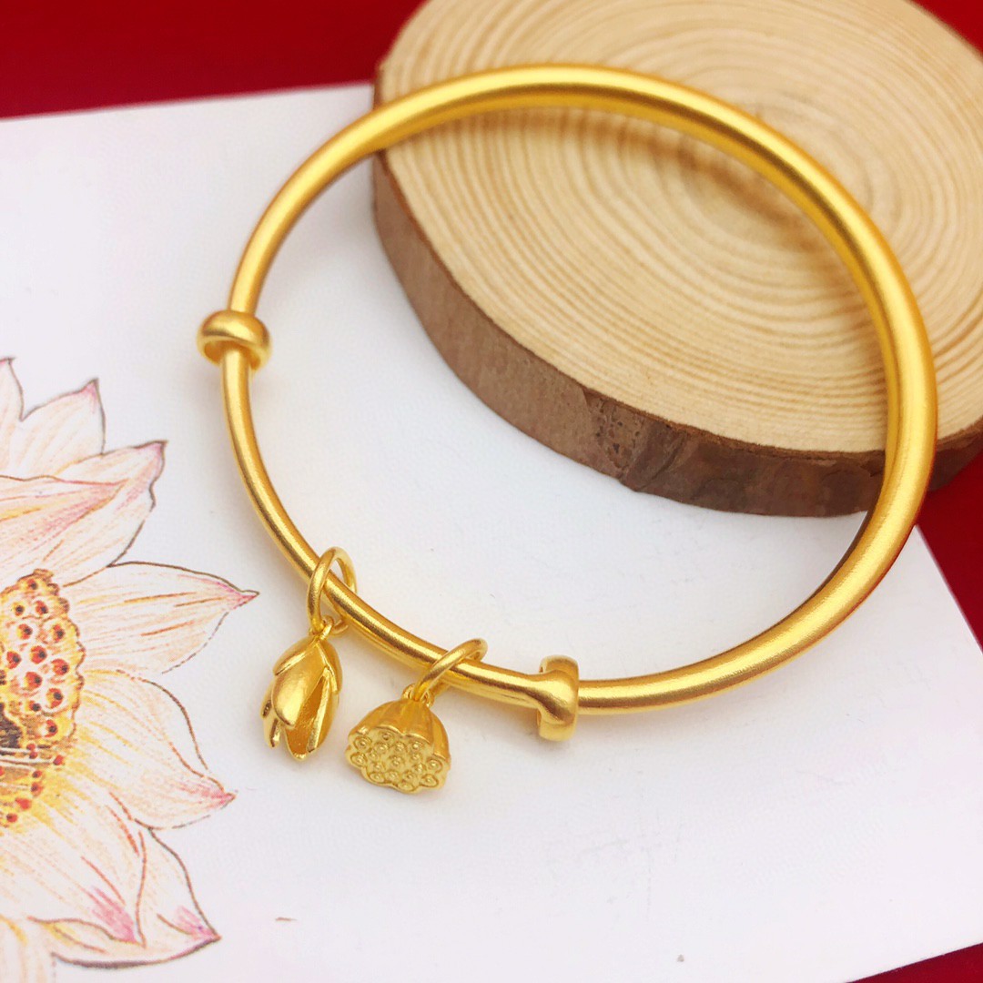 古法黄金手镯足金9999纯金莲蓬实心金镯子活口推拉水贝按克批发