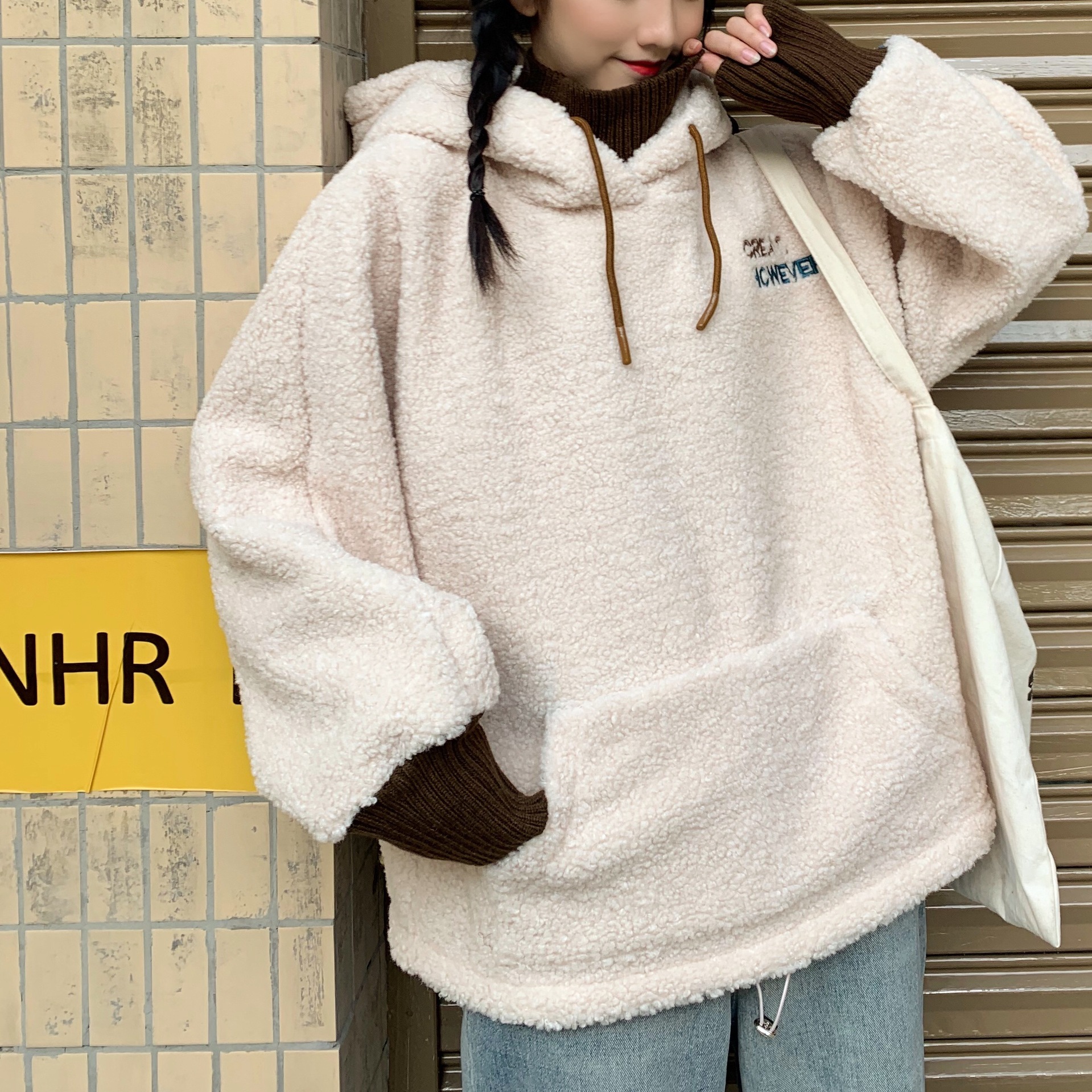 2020加绒假两件卫衣新款女潮ins冬宽松韩版上衣羊羔毛绒外套