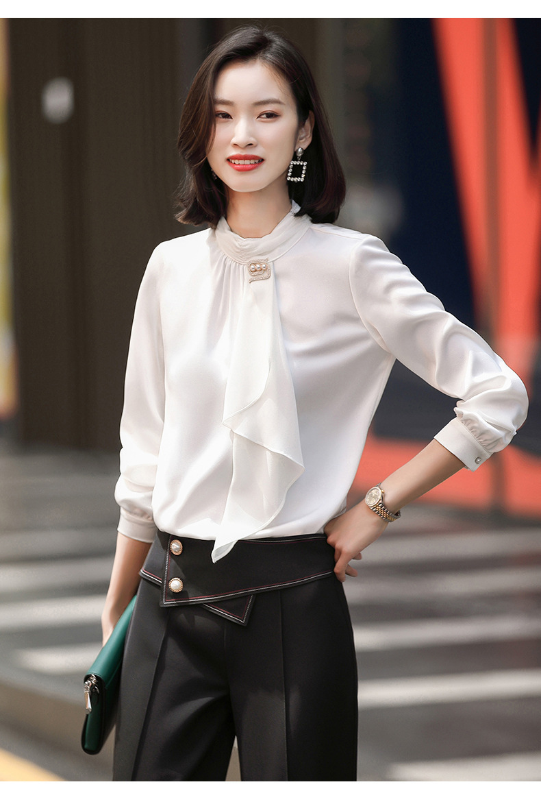 白色长袖衬衫女外穿百搭秋季新款飘带上衣洋气气质时尚女士ol衬衣