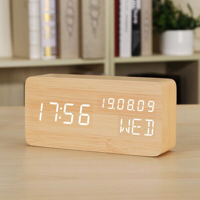 厂家直销led静音夜光床头木头钟 长方形声控客厅桌面电子闹钟时钟
