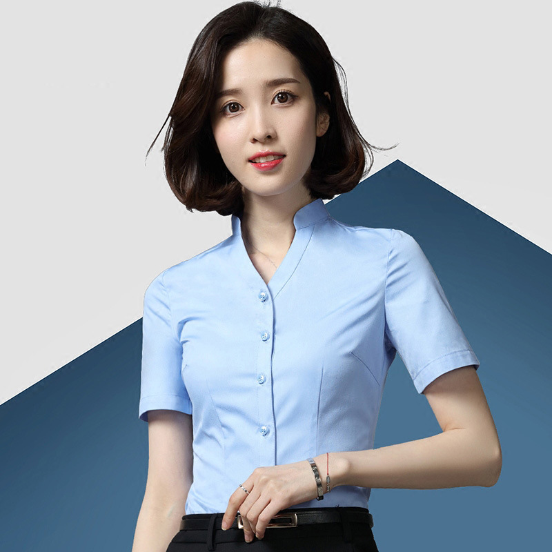 2021夏装新款职业女装短袖修身韩版v领女士抗皱衬衫棉质销售正装