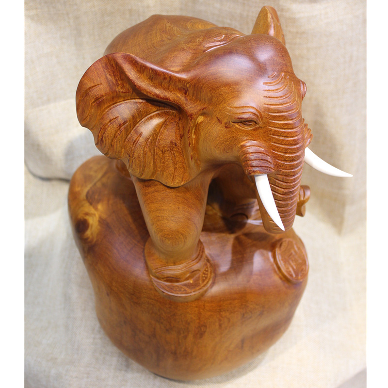 手工雕如意吉祥大象 红木缅甸花梨木根雕客厅收藏摆件大象工艺品