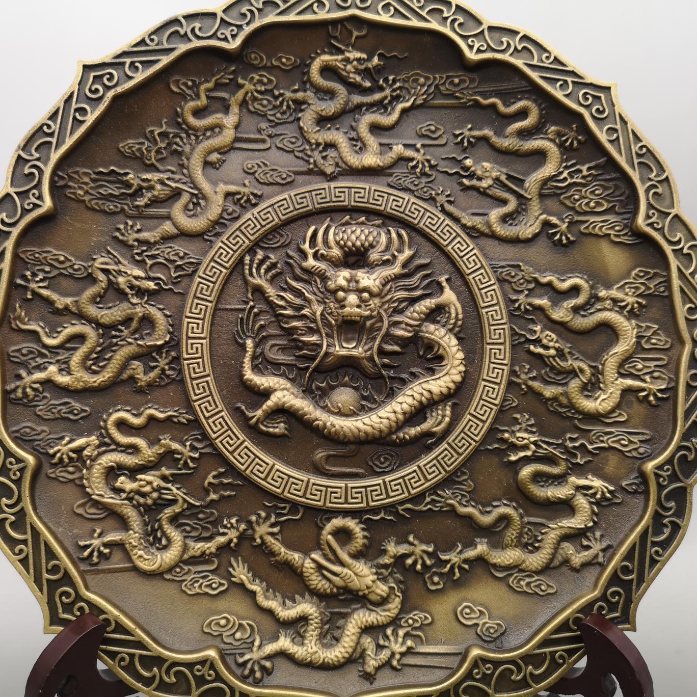 黄铜九龙盘批发古玩做旧龙盘子供盘铜盘水果盘供碟九龙盘九龙壁