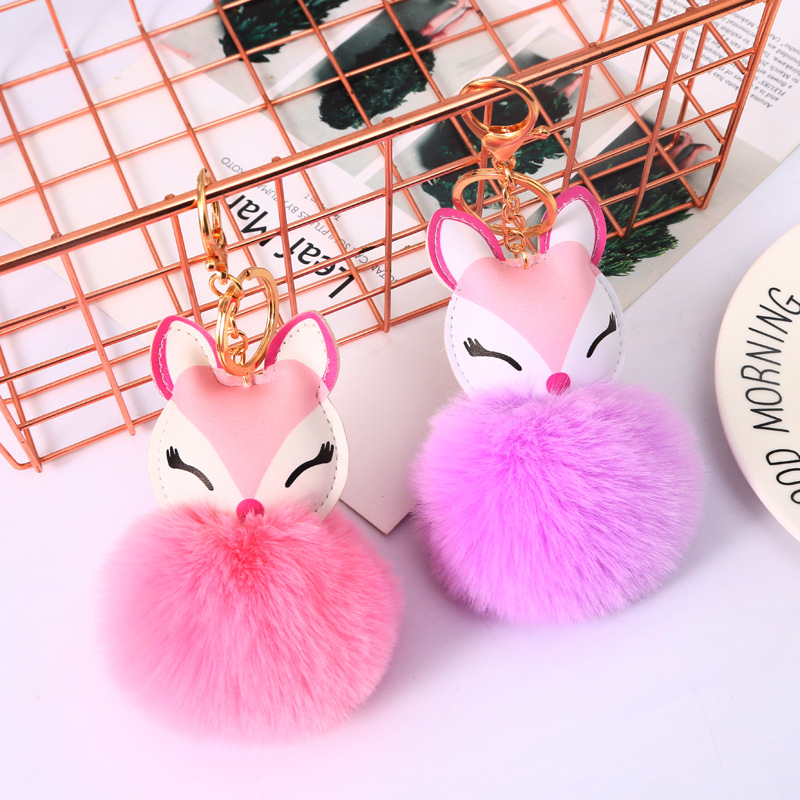 Exclusive for Cross-Border Cute Fox Fur Ball Bag Package Pendant Imitation Rex Rabbit Fuzzy Ball Hanging Drop Car Key Ring Factory Wholesale