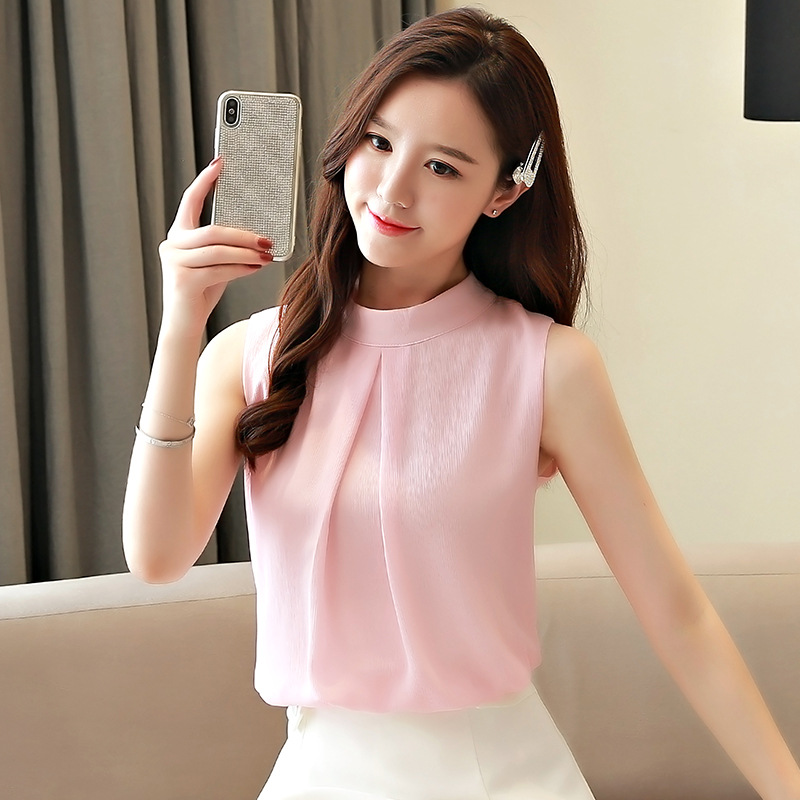 实拍2020无袖雪纺衫女短袖夏季时尚女装宽松显瘦百搭立领超仙上衣