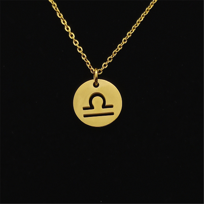 速卖通货源激光切割不锈钢十二星座项链圆形吊坠天秤座项饰生日礼