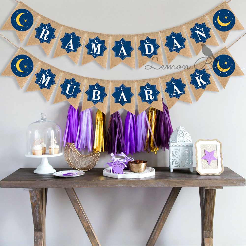 Ramadan Mubarak Muslim Festival Celebration Decoration Linen Hanging Flag Factory Direct Sales