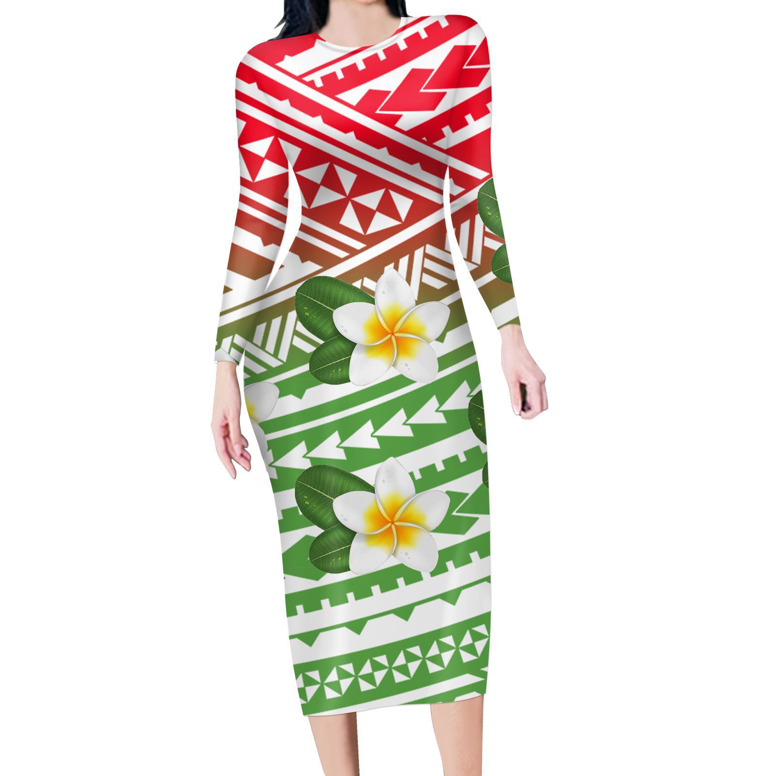 定制图案部落花纹紫色秋冬新款欧美时尚性感长袖连衣裙波利尼西亚