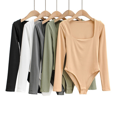 2020新款秋装 欧美风 u领修身长袖t恤连体衣打底衫女