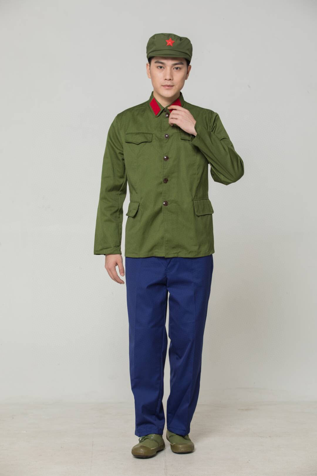 65式军装 老式军绿迷彩服套装 红卫兵五角星演出服 65女款老军装