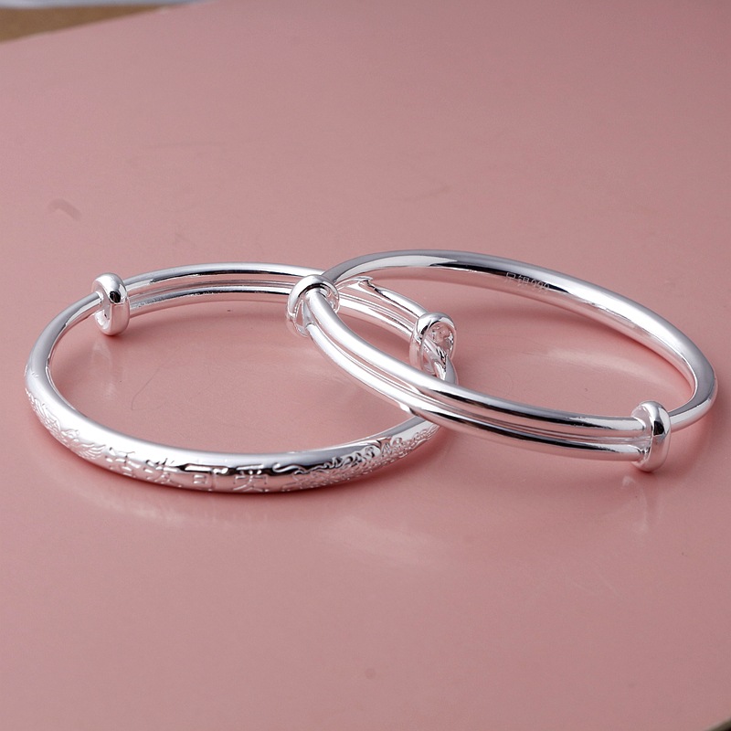 新品纯银宝宝手镯999足银活泼可爱龙凤图男女儿童小孩满月银镯子