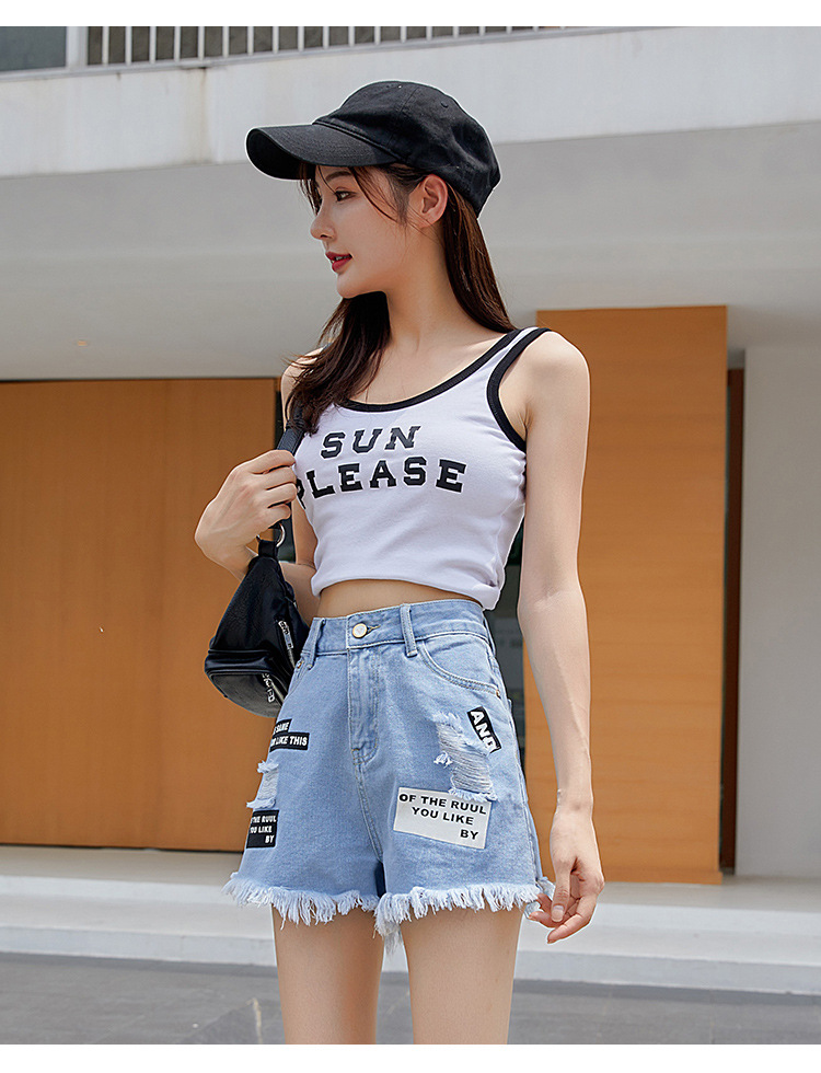 牛仔短裤女生韩版高腰字母印花破洞宽松显瘦夏季薄款阔腿毛边热裤