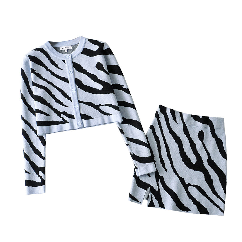 斑马纹印花针织衫开衫秋冬季欧美风高腰包臀裙两件套套装