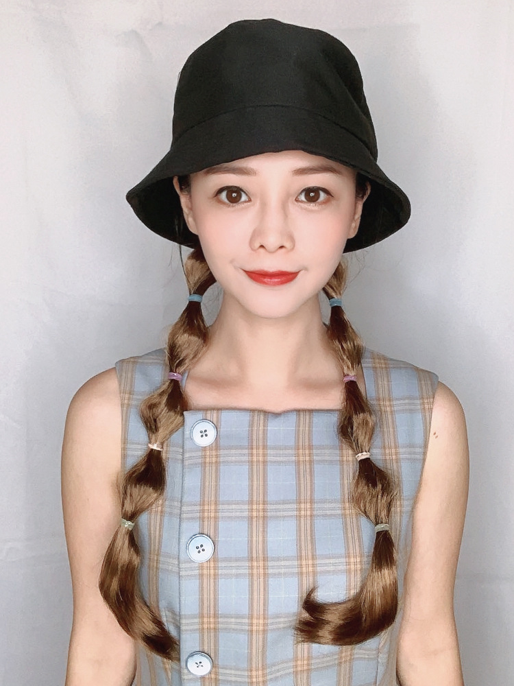 帽子假发可拆卸春夏一体泡泡辫自然蓬松双马尾遮阳渔夫帽灯笼辫子
