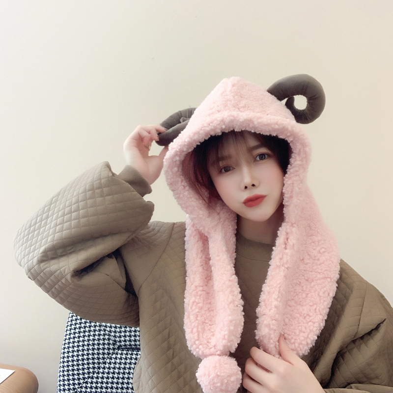 秋冬季可爱卖萌保暖软绵绵百搭可爱羊角保暖围巾暖手口袋