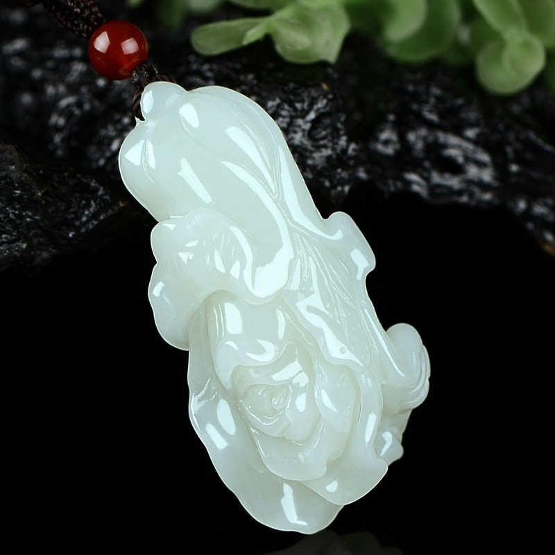 真品和田玉白菜吊坠百财来玉坠 挂件男天然女玉器链