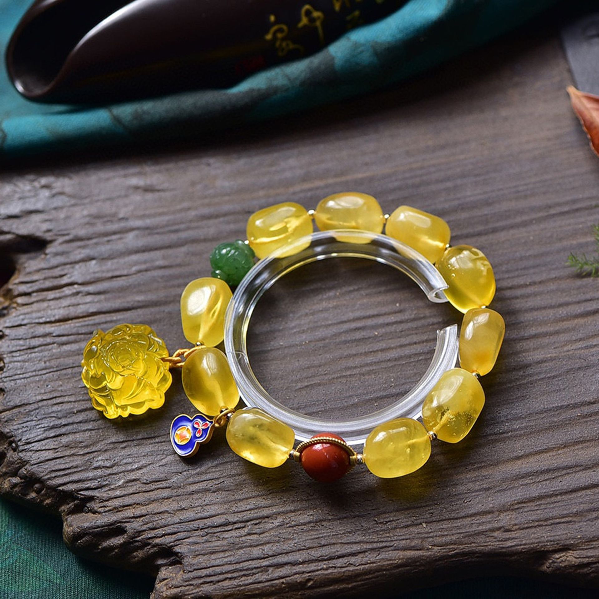 天然俄料原矿金绞蜜13mm随形蜜蜡琥珀手链原创花开富贵吊坠手串