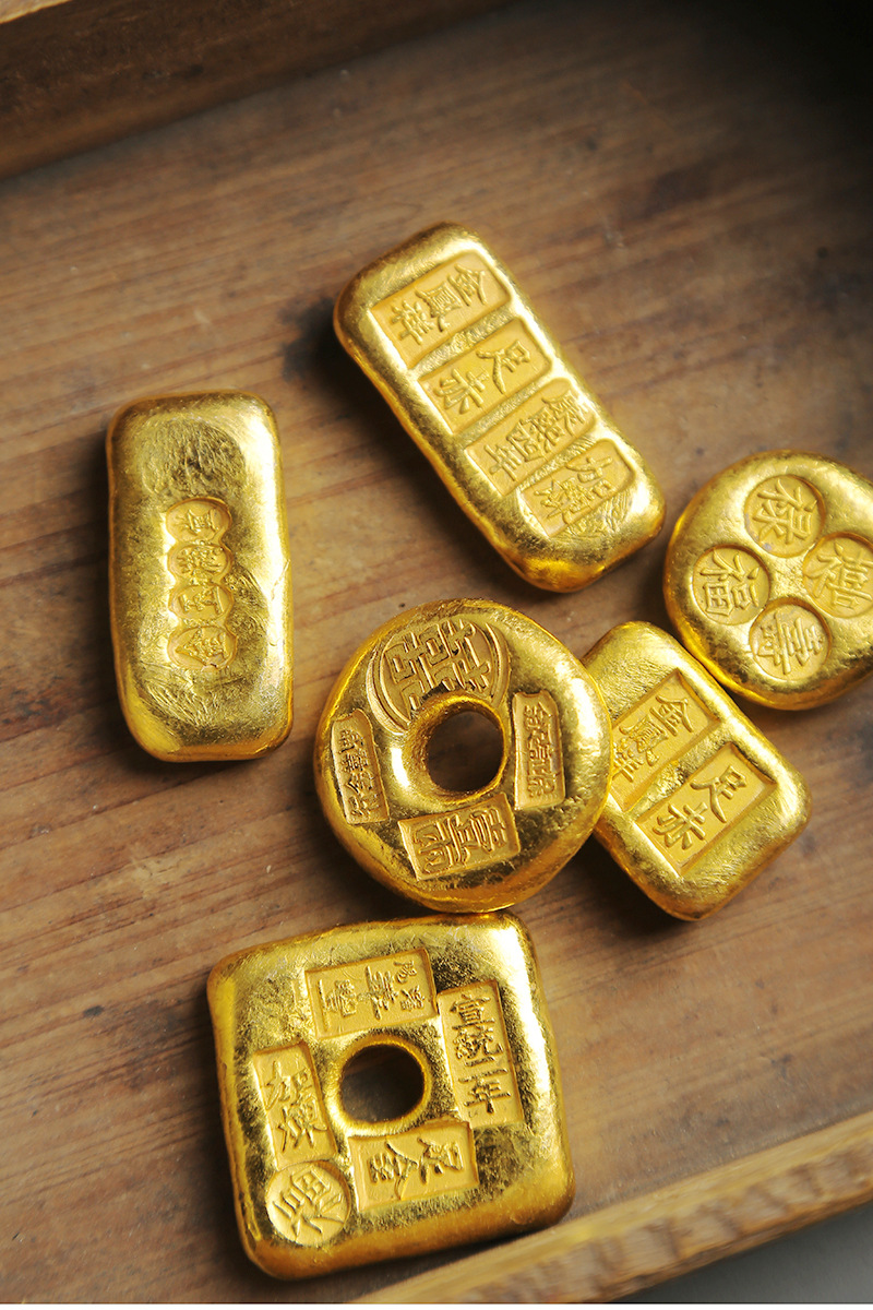 穗千堂不褪色实心鎏金锭子金饼茶盖置茶托金印金币书房笔架镇纸摆