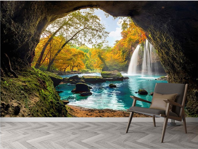 3d立体延伸空间背景墙纸大自然风景山洞海景壁纸餐厅酒吧酒店墙布