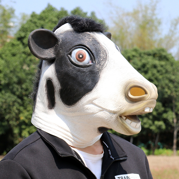 现货黑奶牛面具万圣节动物头套cosplay舞会整蛊搞怪派对演出道具