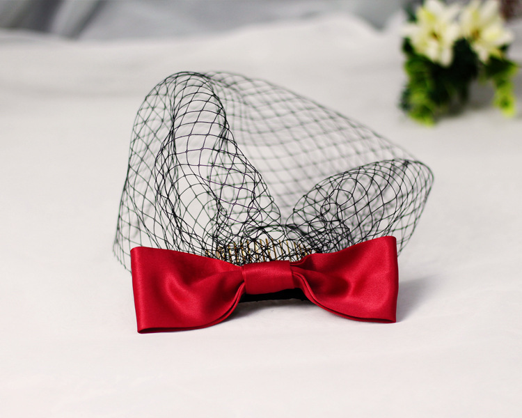 my019新款新娘头饰 超仙复古酒红蝴蝶结网格遮面纱 影楼造型旅拍