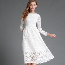 2022新欧美外贸秋季女装亚马逊白色连衣裙圆领蕾丝长袖修身中长裙