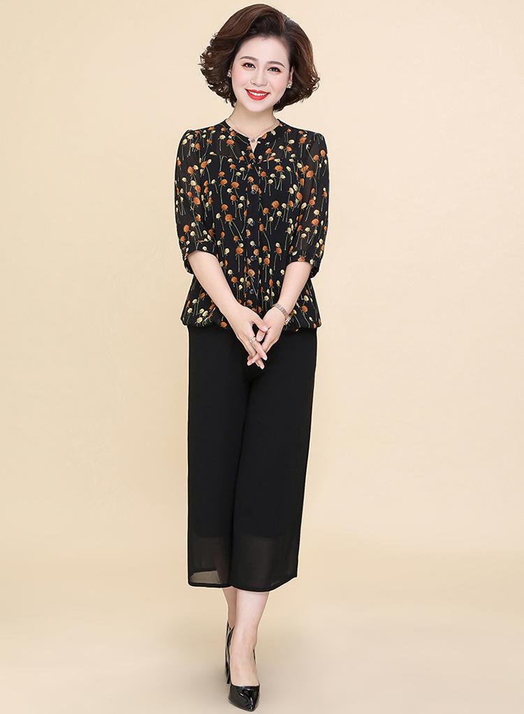 妈妈夏装套装40岁50洋气中年妇女时髦两件套中老年女装短袖雪纺衫