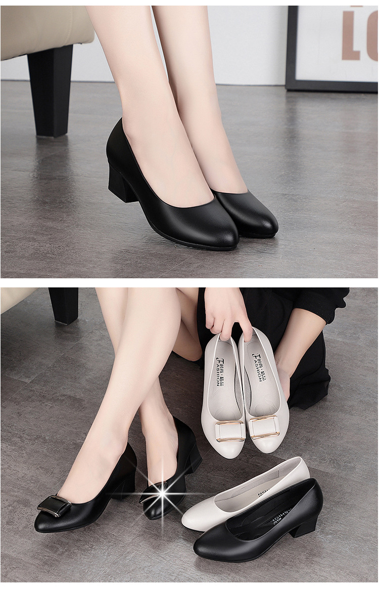 女士皮鞋工装鞋中跟工作鞋女黑色舒适橡胶软底上班一脚蹬女鞋单鞋