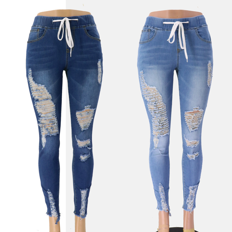 Foreign Trade Cross-Border European and American Spring Elastic Waist Women's Jeans High Waist Ripped Slim Slimming Feet Lace-up Trousers