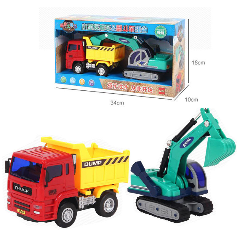 乐飞平板车玩具汽车运输车带挖掘机7866音乐惯性工程车套装男孩子