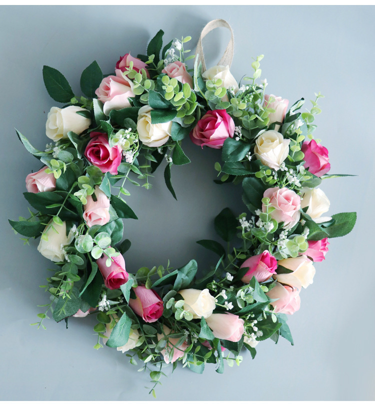 仿真玫瑰花花环春季新款藤圈结婚礼布置节日装饰仿真植物壁挂