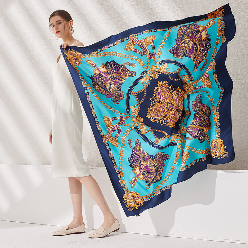 Cross-Border New Arrival Fashion Square Large Kerchief Artificial Silk Twill Silk Scarf European and American Street Scarf for Women