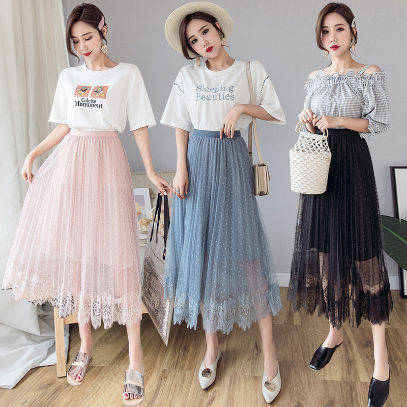 新款蕾丝百褶纱纱裙女松紧公主百变半身裙