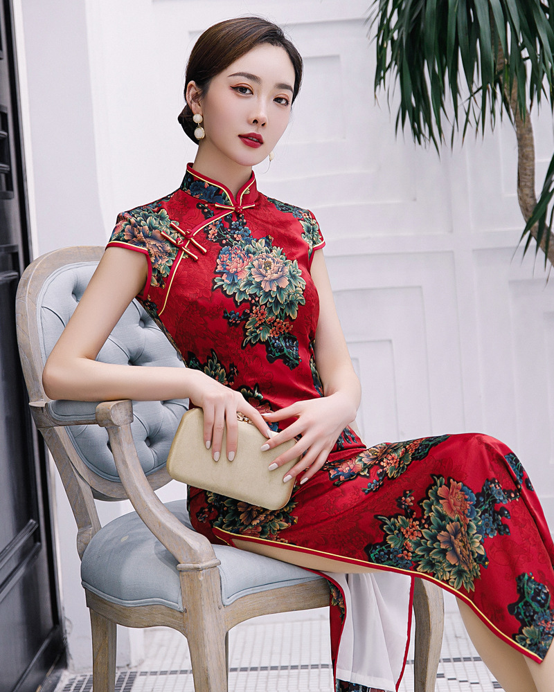 春季2020新款女双层丝绸显瘦长款旗袍端庄大气宴会走秀礼仪旗袍裙