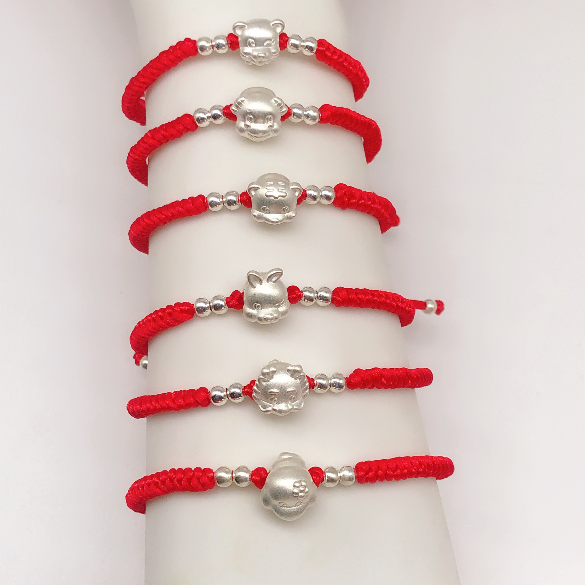 纯银十二生肖红黑绳编绳手链手工编织3d硬银生肖本命年红手绳批发