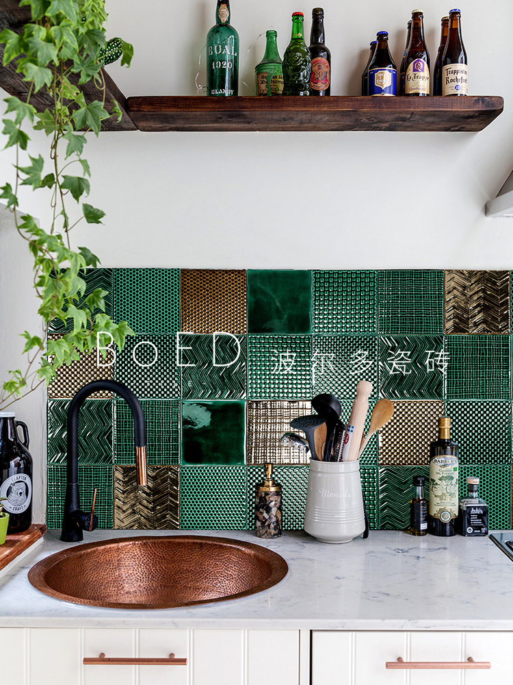 北欧ins网红瓷砖墨绿色小方砖窑变冰裂手工砖厨房卫生间阳台瓷砖