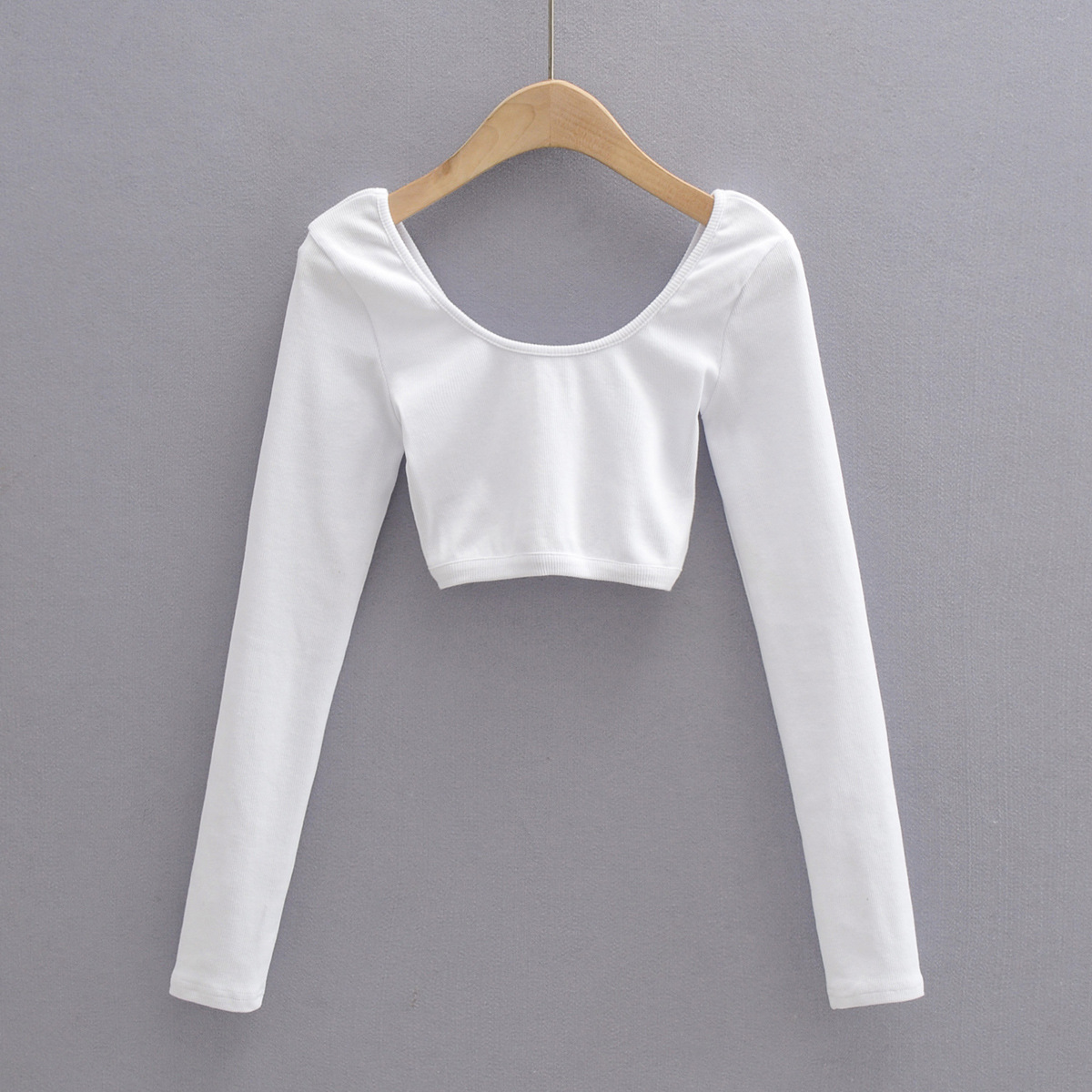 do2054-20款 欧美范修身款拼白边大方领露背套头长袖t恤 女上衣