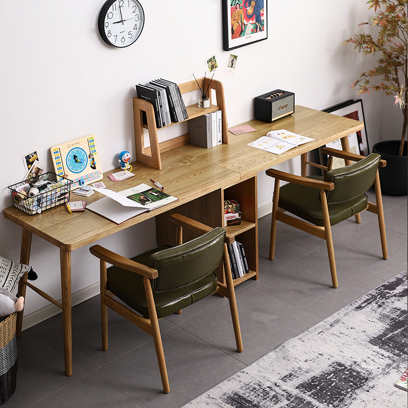 北欧实木双人书桌电脑一字板长连体儿童写字台家用简约卧室双胞胎
