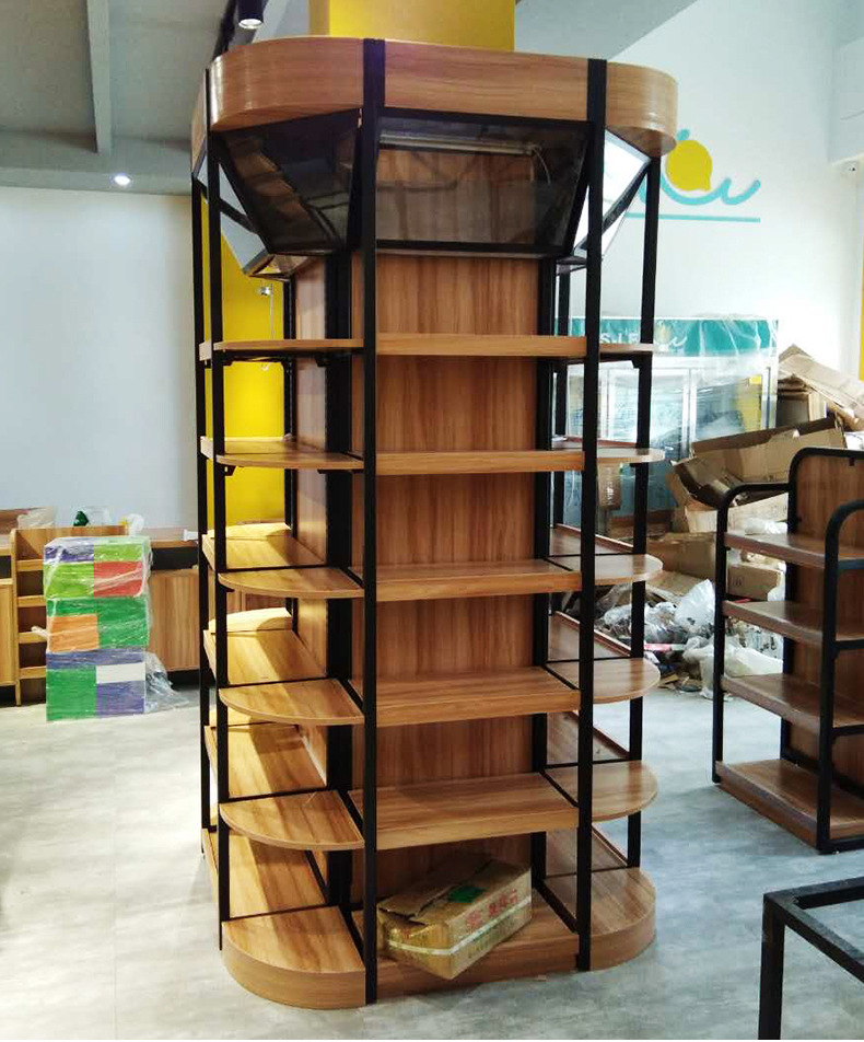 钢木货架超市包柱围柱架木质 零食酒品饮料展示架 柱围货柜货架子