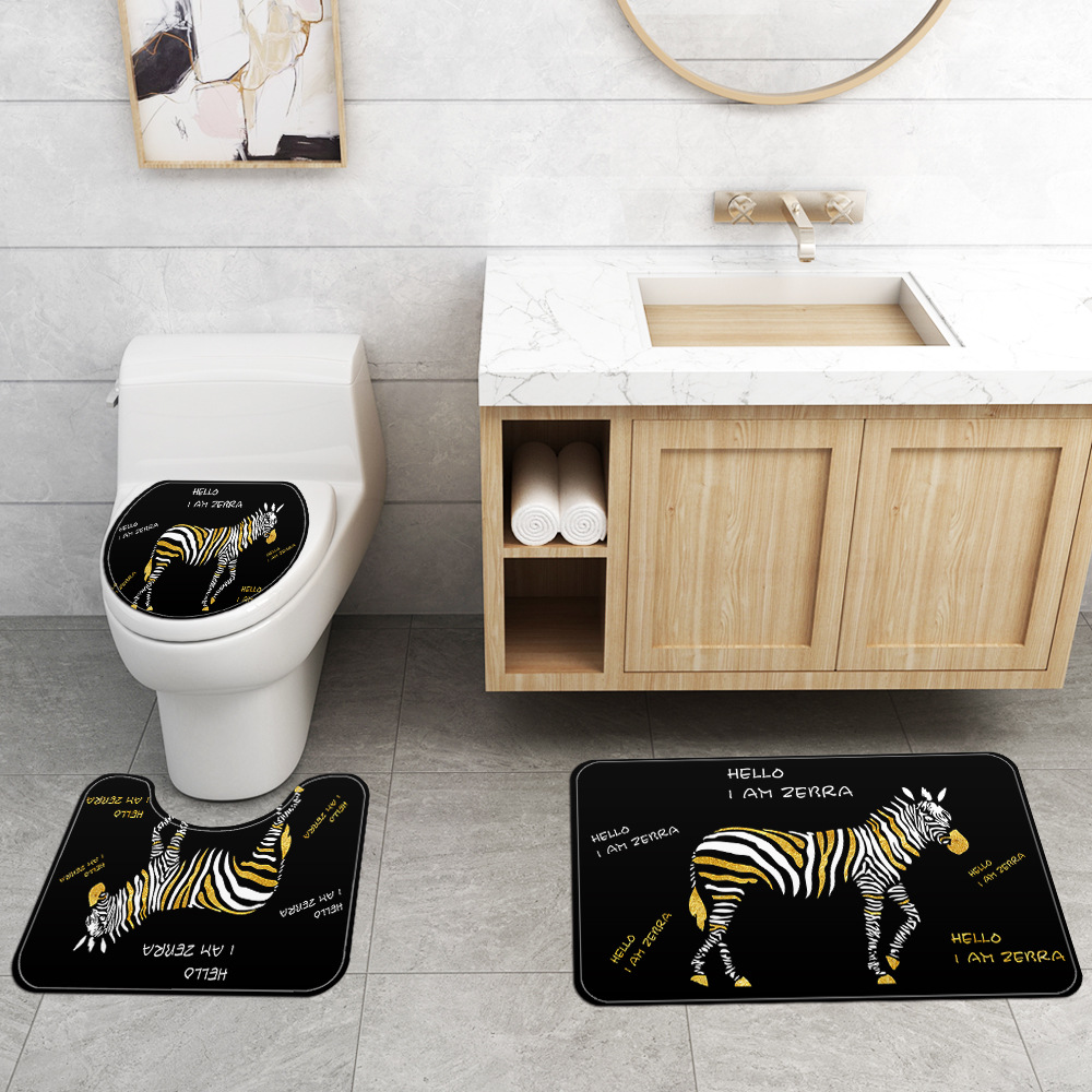 Exclusive for Cross-Border Painted Element Printing Toilet Floor Mat Four-Piece Set Painted Animal Waterproof Shower Curtain DIY Pattern