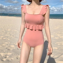 跨境外贸新款水上乐园透气纯色蕾丝花边保守海边女士泳装泳衣连体