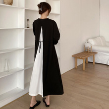 韩国chic风 气质小众设计感后背破色宽松收腰长款连衣裙2色