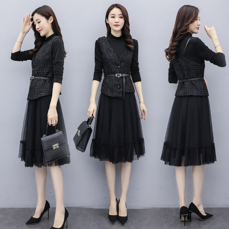 打底裙女春秋2020新款淑女名媛拼接网纱套装黑色长袖连衣裙两件套