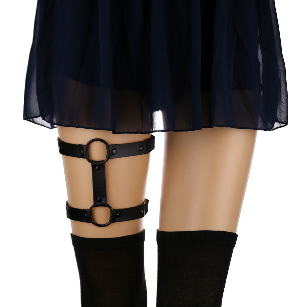 欧美原宿朋克街头夜店酒吧性感硬妹pu皮圆形大腿环脚环双排吊袜带