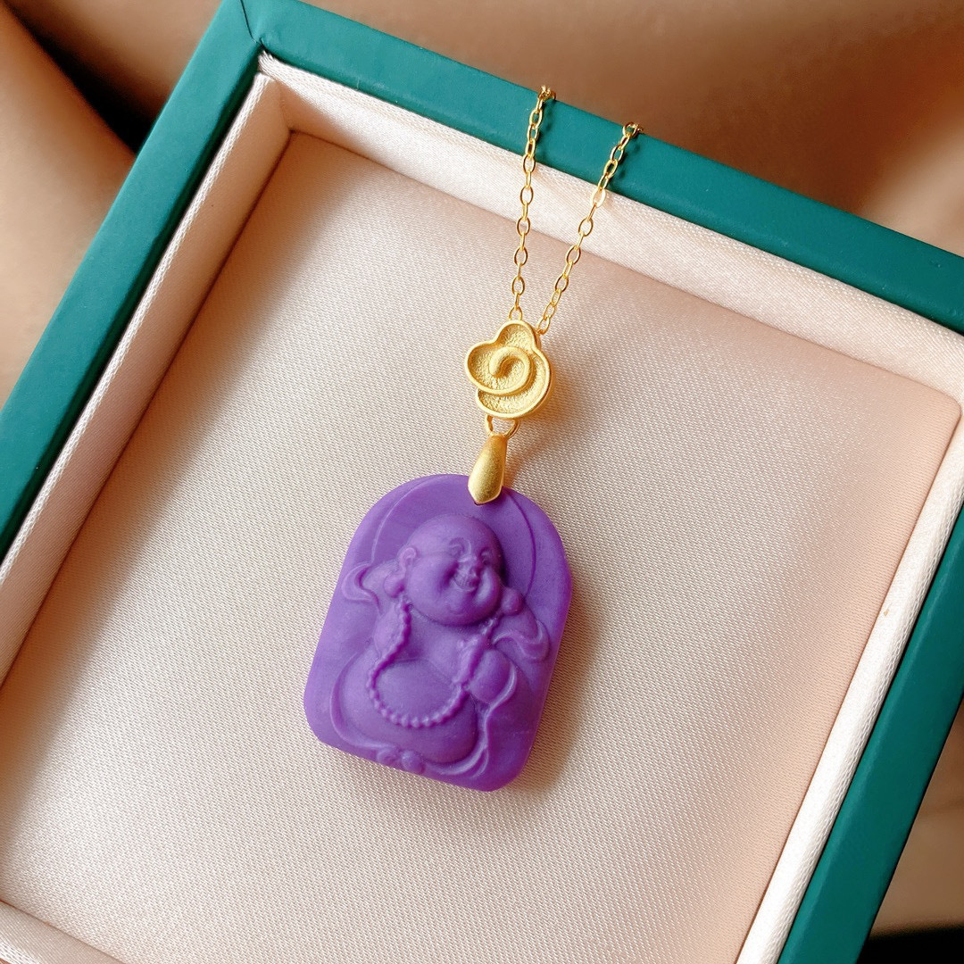 s925纯银天然紫云母佛公吊坠古法金镶嵌雕刻弥勒佛紫云母项链套链