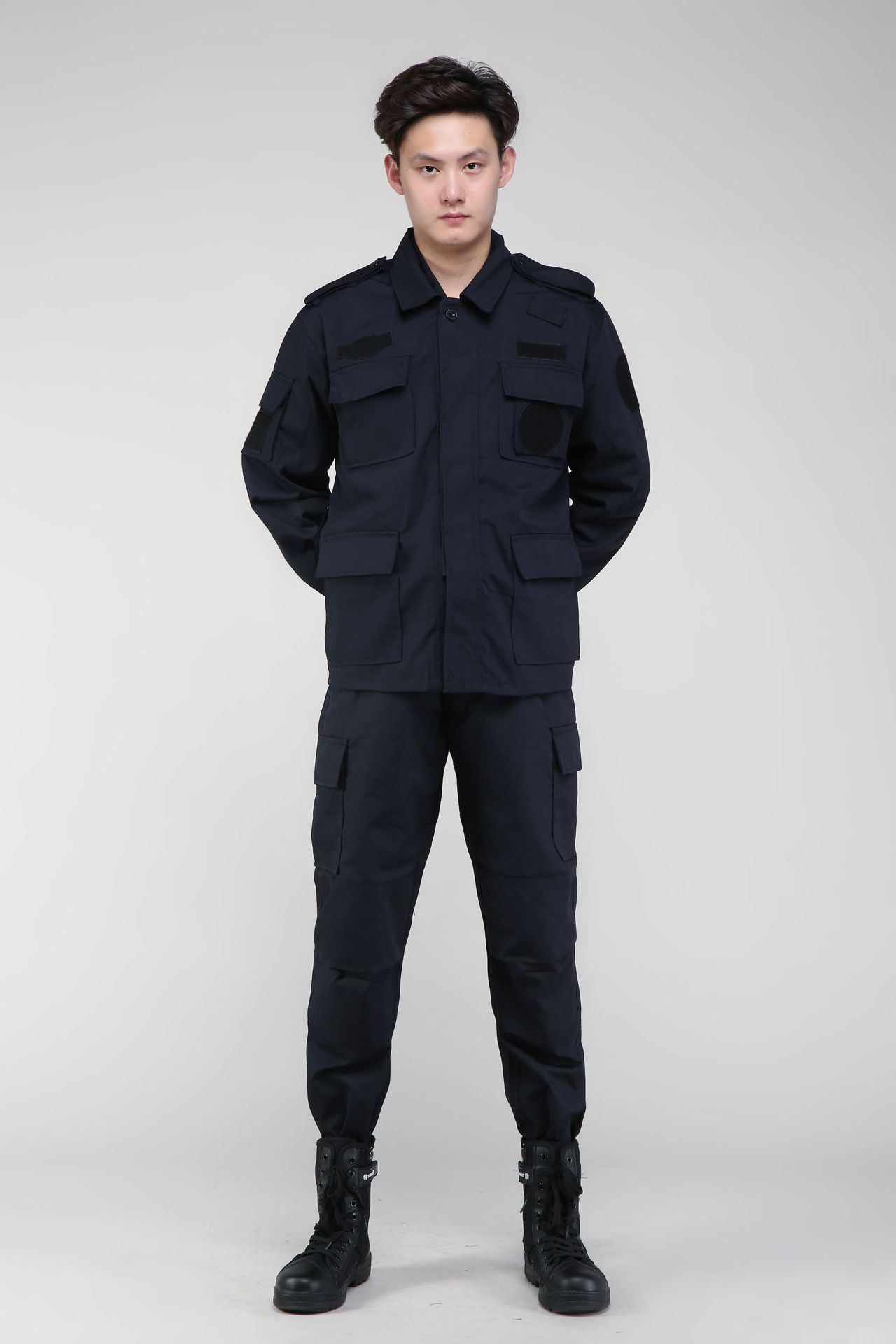 藏青色网格春秋套装加厚长袖黑色保安作训服冬里布物业训练服