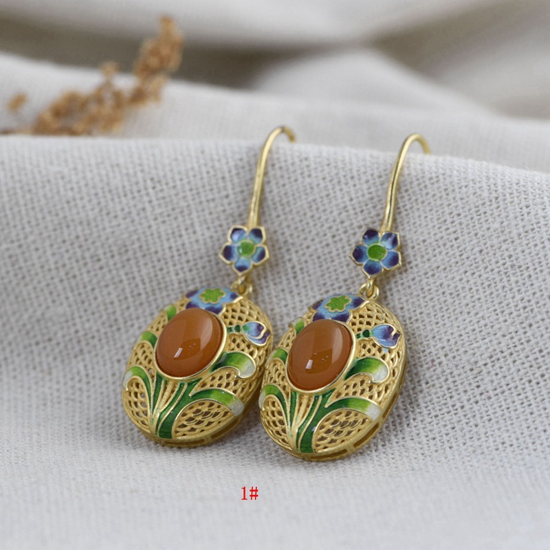 金鹿王 s925银素锦工艺传统烧蓝花耳环批发 女款镶黄玉髓时尚耳坠
