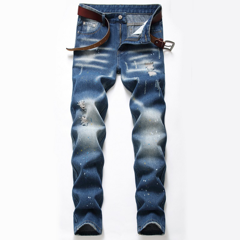 。。  Cross-Border Supply of European and American Foreign Trade Splash-Ink Jeans Blue with Holes Jeans Amazon Trendy Men's Pants